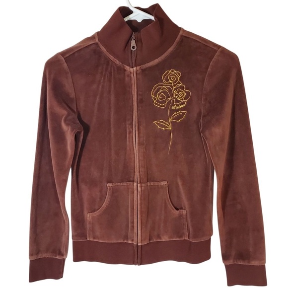 Sideout Jackets & Blazers - 2413 * Sideout Embroidered Rose Velour Zip Jacket Brown Size M (10/12) Y2K